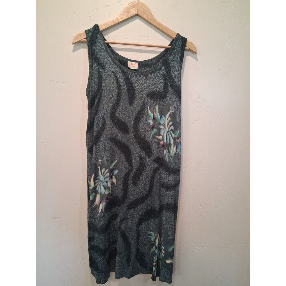 VTG Pineapple Moon One Size Hawaiian Floral Black Gray Tank Top Dress Crinkle